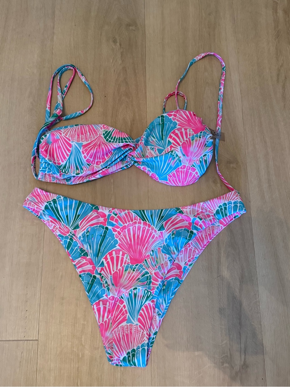 SHEIN Pink Teal Floral Shell Print Bikini Set